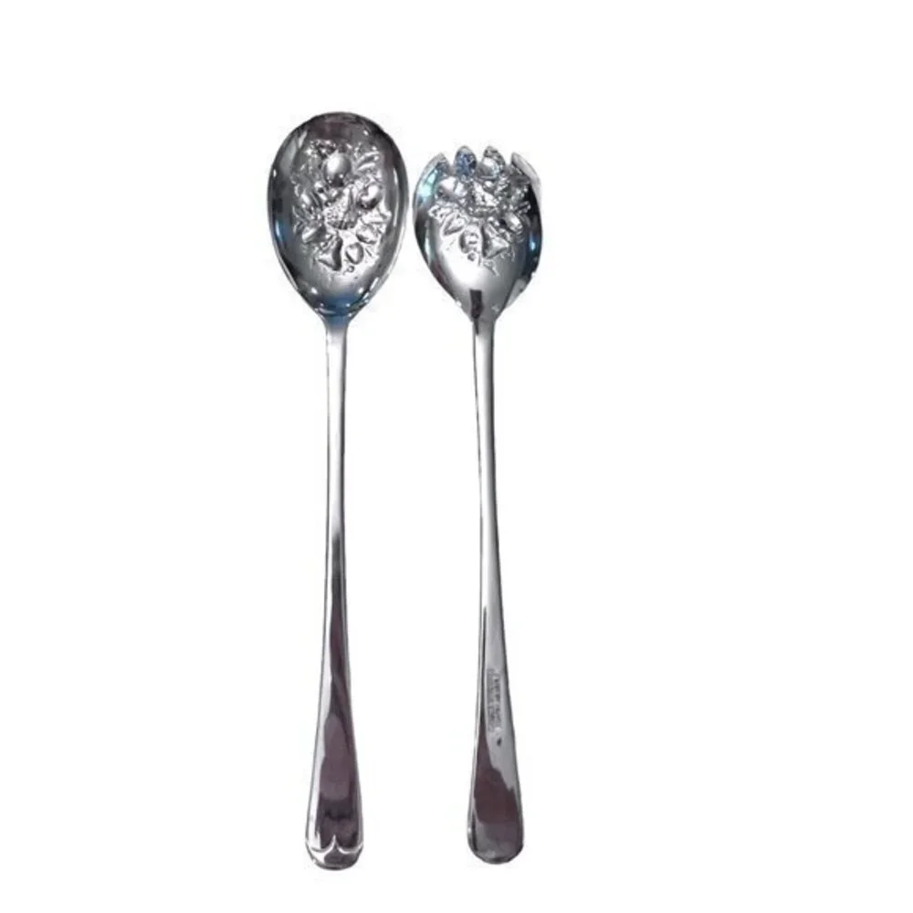 Vintage Sheffield England Embossed Silver Plate Salad Serving Fork & Spoon 9.5